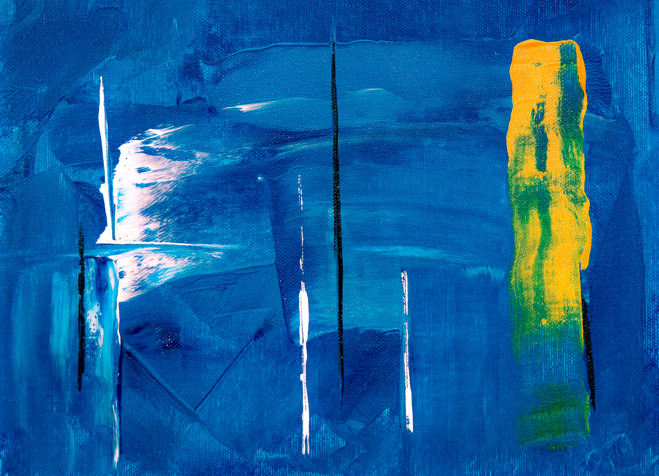 Blue abstract painting with yellow and white brush marks